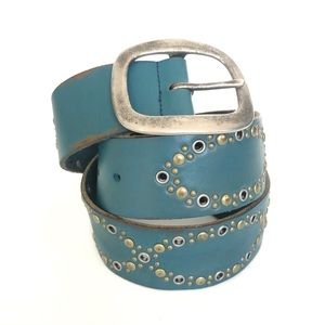 Vintage Leather Turquoise Blue Studded Belt Sz M
